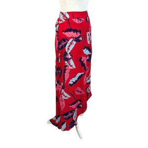 Express Red Tropical Floral Maxi Skirt With Asymmetrical Hem & Elastic Waistband